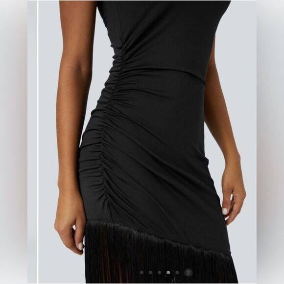 Halara Round Neck Sleeveless Ruched Fringe Bodycon Midi Resort Dress S NWT - Picture 4 of 13